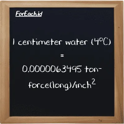 1 centimeter water (4<sup>o</sup>C) is equivalent to 0.0000063495 ton-force(long)/inch<sup>2</sup> (1 cmH2O is equivalent to 0.0000063495 LT f/in<sup>2</sup>)
